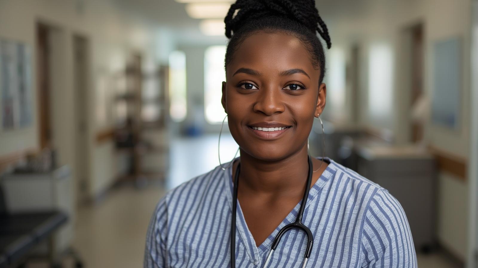 Woman from Malawi aged 25 35 wearing modern casual clothing in a healthcare setting 1