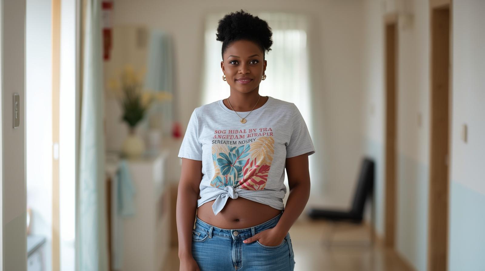 Woman from Malawi aged 25 35 wearing modern casual clothing in a healthcare setting