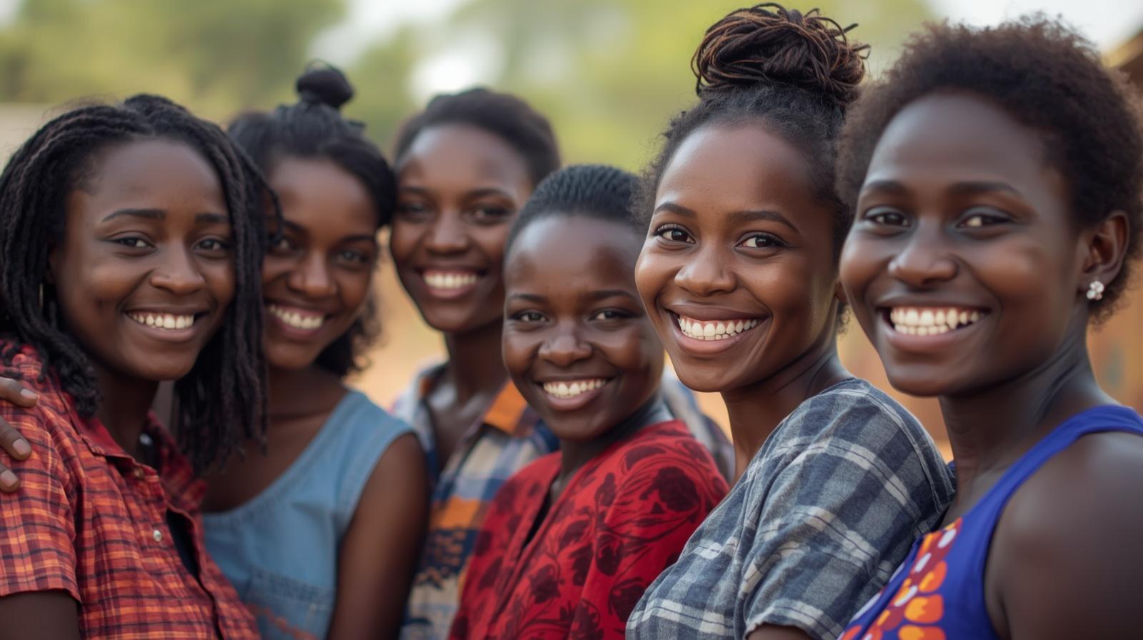 group of women one aged 21 one aged 25 one aged 30 one aged 35 and one aged 40 from Malawi smiling at the camera and wearing casual clothes 1