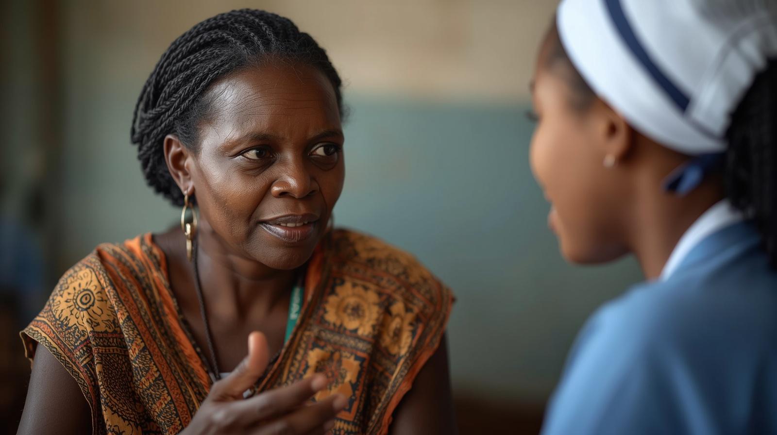 Woman from Malawi aged 30 talking to a nurse 1