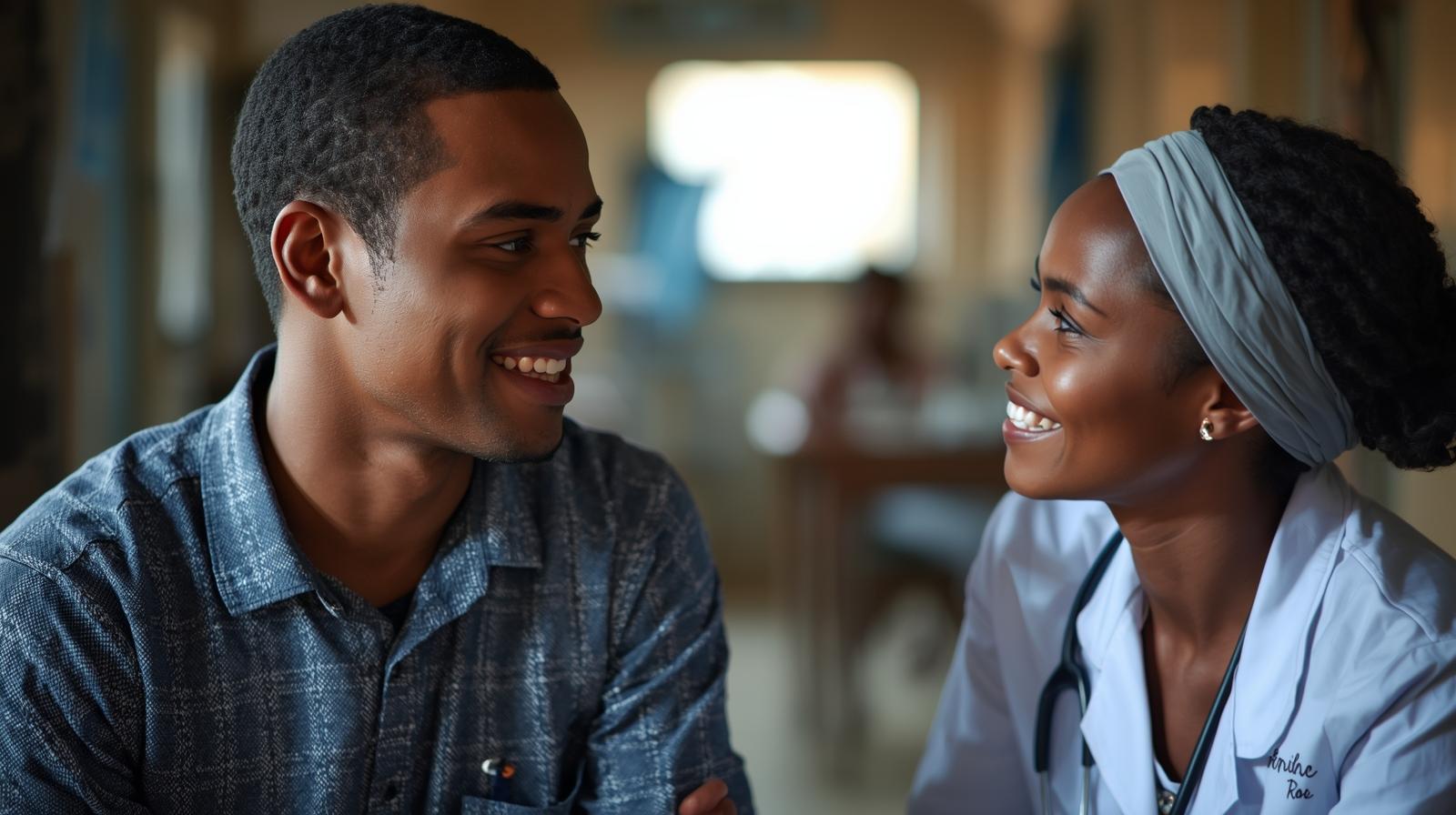Man aged 25 from malawi talking to a nurse
